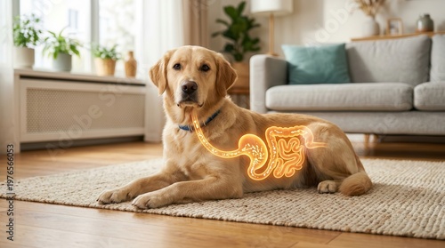 A golden retriever dog featuring a vibrant digestive tract illustration, highlighting the concept of gut health and canine digestion with probiotic support.