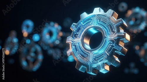 A glowing metallic gear on a dark background visualizes the concept of digital transformation and technology integration.