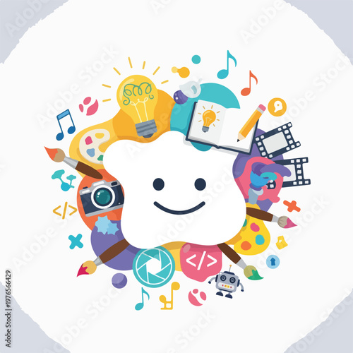 A smiling white shape surrounded by creative tools and symbols