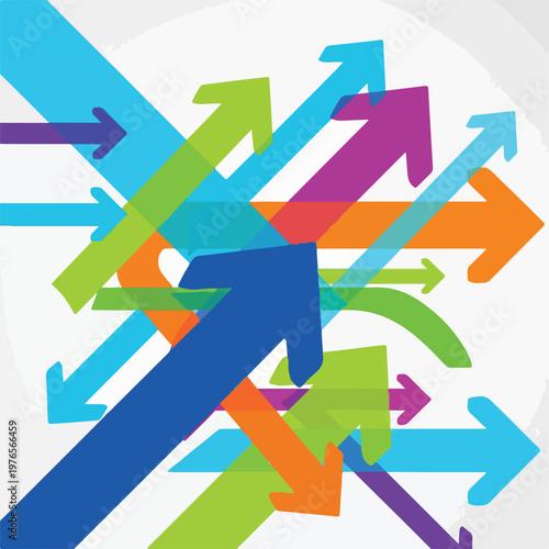 A colorful, overlapping design with arrows pointing in different directions