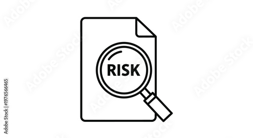 Minimalist vector graphic illustration featuring a magnifying glass focused on the word risk printed clearly upon a document page for professional business analysis or financial evaluation