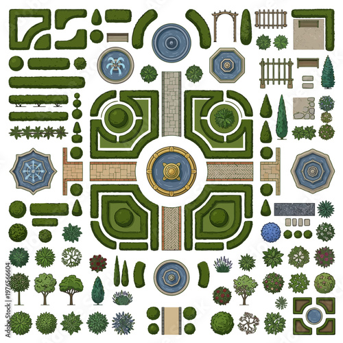 Overhead vector design kit for formal garden and landscape planning, featuring fountains, hedges, trees, and paths