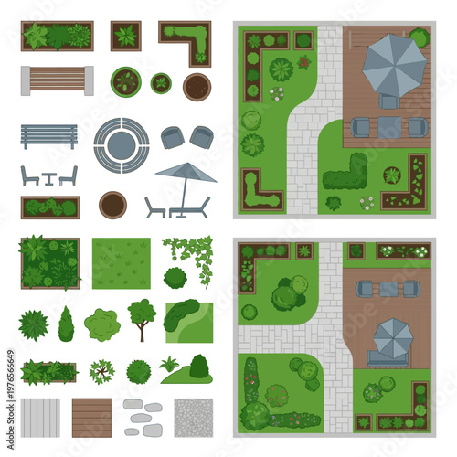 Top-view architectural symbols for garden and landscape design. Set of plants, furniture, and patio layouts for home plans.