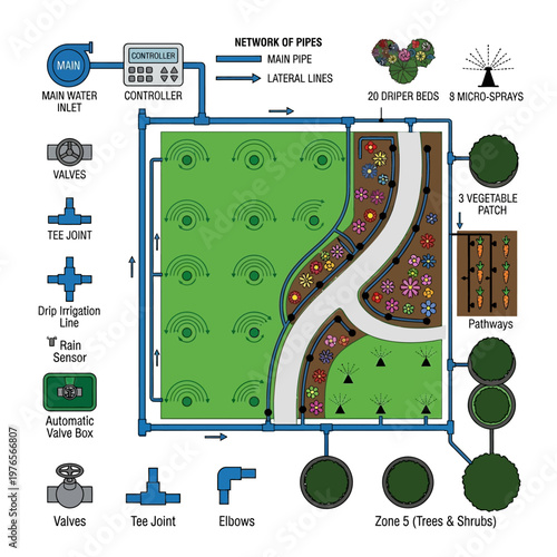 Overhead view diagram of a residential garden irrigation system, showcasing components, pipe networks, and watering zones with legend.
