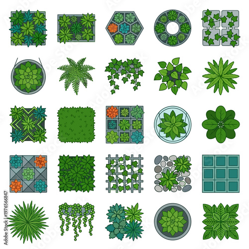 Top-down view vector symbols of various green plants and potted succulents for architectural and urban landscape design planning.