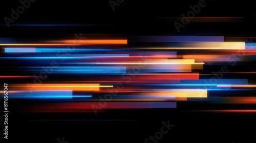 Abstract colorful light streaks and bars represent digital transformation and data flow over a black background.