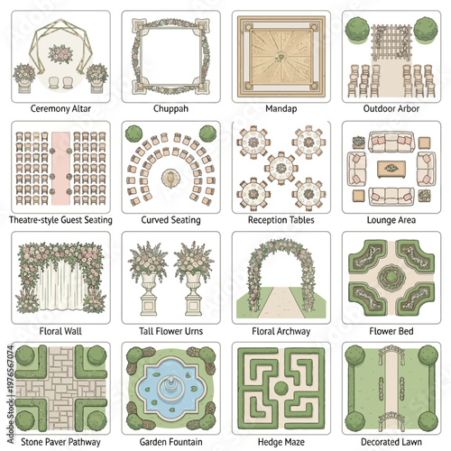 Overhead View Wedding and Event Layout Symbols Set for Outdoor Venue Planning: Ceremony, Seating, and Garden Elements