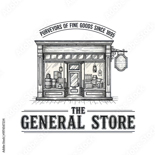 Billede på lærred Vintage General Store Facade with Goods Displayed.