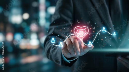 Empathy in the workplace is shown through a digital concept of trust and emotional intelligence connecting professional team members via glowing icons.