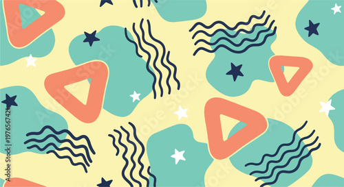 A colorful, whimsical pattern with shapes, stars, and wavy lines