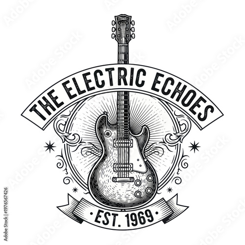 Vintage Electric Guitar Emblem with Rock Band Name and Establishment Date.