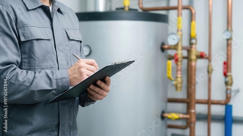 A skilled technician is inspecting a heating system, performing preventative maintenance and ensuring its safe operation.