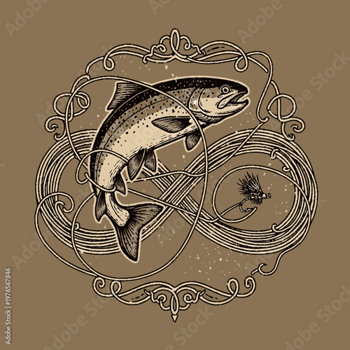 Jumping Salmon Fish with Fishing Fly and Ornate Frame.