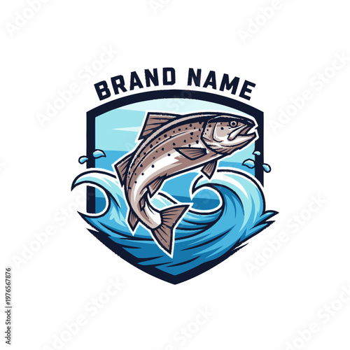 Jumping Trout Fish Emblem for Fishing Brand.