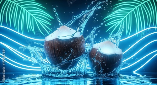 A vibrant neon-lit scene of coconuts splashing in water with palm leaves