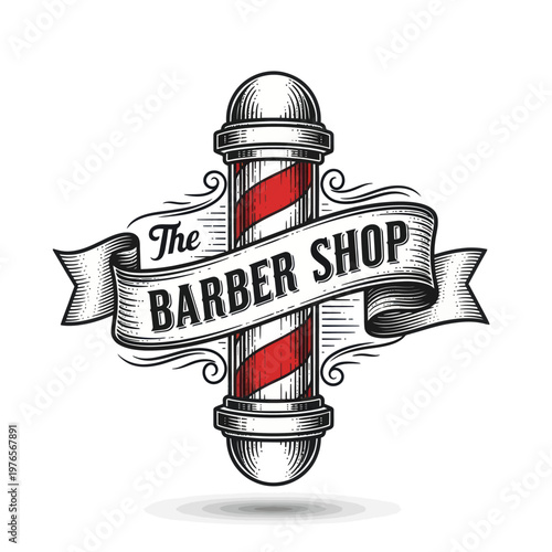 Vintage Barber Shop Pole Emblem with Ribbon.