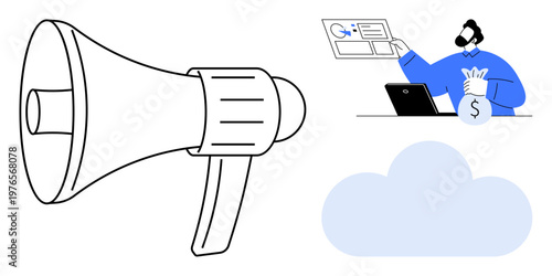 Digital marketing, online advertising, cloud services, financial management, e-commerce, economic transactions. A megaphone, a man holding a money bag near a laptop and a cloud. Digital marketing