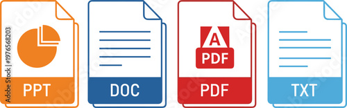 Document, file, type, icon, set, PDF, DOC, PPT, TXT, format, extension, digital, paperwork, isolated, white, background, vector, collection, office