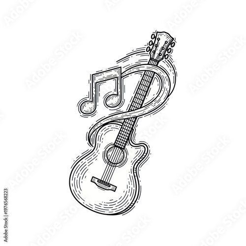 Acoustic Guitar with Musical Notes and Swirls Illustration.
