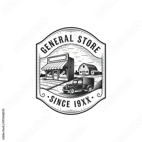 Fotografi Vintage General Store Emblem with Classic Car and Barn.
