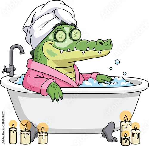 A cartoon crocodile relaxing in a bubble bath