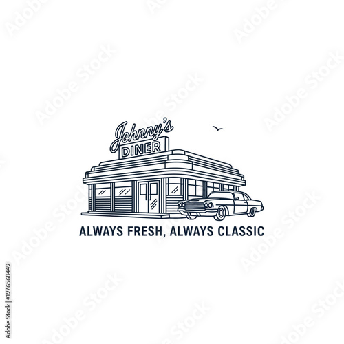 Retro Diner Building with Classic Car Illustration.