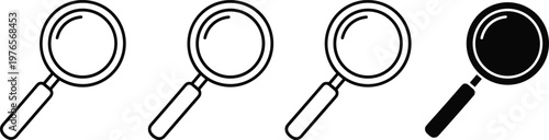 Magnifying, glass, search, icon, set, loupe, zoom, find, inspection, black, outline, solid, minimalist, discovery, research, symbol, isolated, white, background, vector