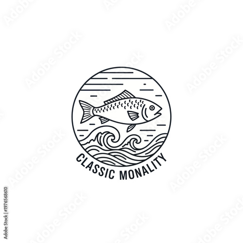 Minimalist Line Art Fish Illustration with Waves and Text.