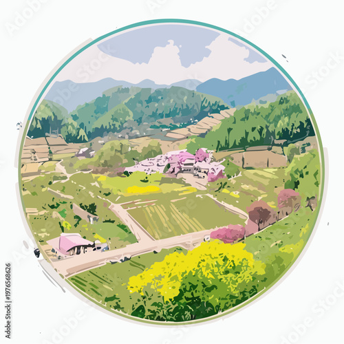 Peaceful Spring in a Mountain Village: People Cycling along a Path of Cherry Blossoms, Rapeseed, and Lavender