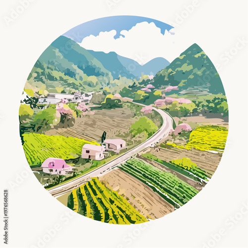 Peaceful Spring in a Mountain Village: People Cycling along a Path of Cherry Blossoms, Rapeseed, and Lavender