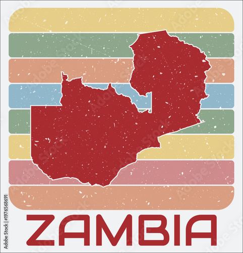 Zambia vintage logo. Shape of the country on retro colored stripes background. Zambia map design with grunge scratch texture. Vector illustration.