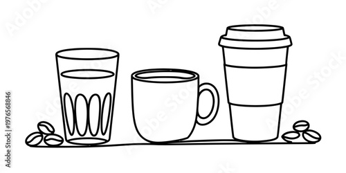 A simple black and white line art illustration featuring three different coffee serving vessels Vector, illustration