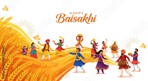 Vaisakhi festival vector illustration depicts a group of people in traditional clothing celebrating the Punjabi harvest festival against a white background with wheat stalks in a vibrant