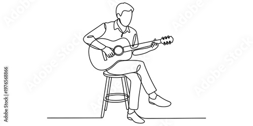 A single continuous line drawing of a man sitting on a stool playing his acoustic guitar music Vector, illustration