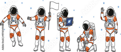 Vector, illustration, of, five, cartoon, astronauts, in, orange, spacesuits, floating, holding, blank, flag, using, tablet, repairing, tools, and, waving, hand.