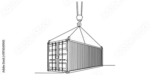 A black and white line drawing of a large shipping container suspended by a heavy duty crane hook Vector, illustration