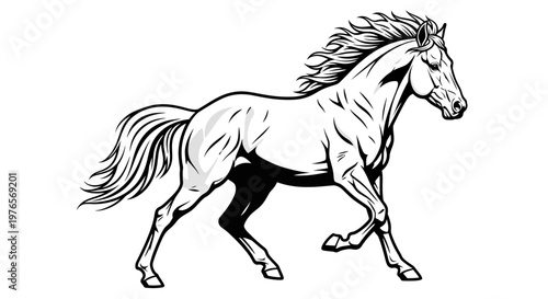Dynamic black and white line art illustration of a powerful horse in mid-stride, showcasing its flowing mane and tail.