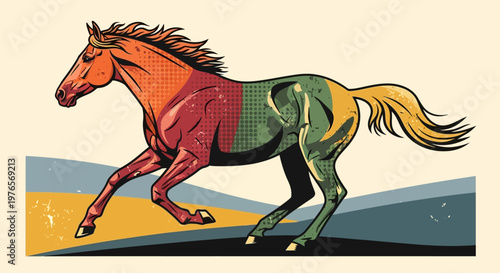Vibrant illustration of a galloping horse with its body segmented into orange, red, green, and yellow colors, set against a simple background.