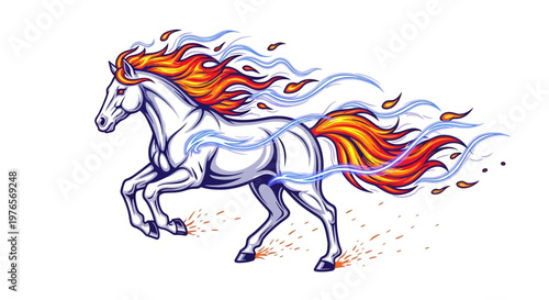 Dynamic illustration of a powerful white horse with a fiery mane and tail, surrounded by blue energy and flames, depicting speed and elemental force.