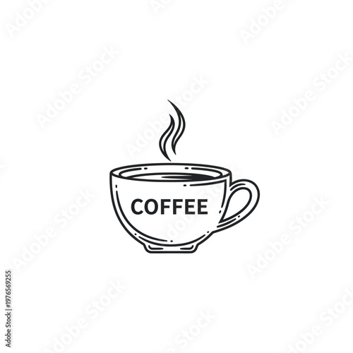 Simple Line Art Drawing of a Steaming Coffee Cup with the Word Coffee.