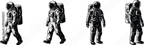 Astronaut silhouette illustration, space suit vector, cosmic exploration artwork, astronaut walking graphic, space mission design, futuristic astronaut symbol