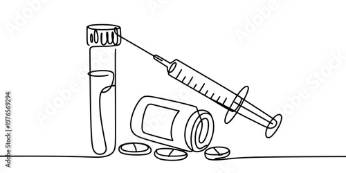 A single continuous line drawing of a syringe, a medical vial, and several pills on a white surface Vector, illustration