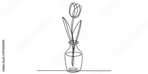 A single continuous line drawing of a tulip flower placed inside a glass vase on a flat surface Vector, illustration