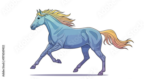 Vibrant blue horse with a flowing rainbow mane and tail trotting gracefully against a white background, showcasing fantasy art.