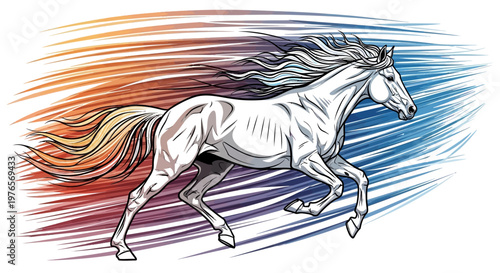 Dynamic illustration of a white horse galloping with a flowing mane and tail, set against a vibrant, abstract background of warm and cool colors suggesting speed and energy.