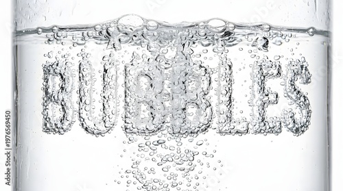 The word BUBBLES formed by effervescent bubbles in clear water, rising in a transparent glass against a white background.