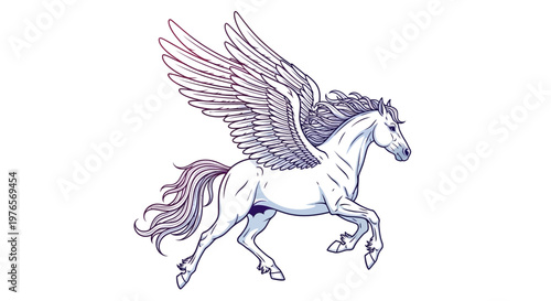 Detailed illustration of a majestic white Pegasus, the mythical winged horse, in a dynamic running or flying pose.