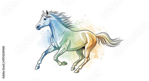A vibrant watercolor illustration of a majestic horse galloping with a flowing mane and tail, featuring a colorful gradient.