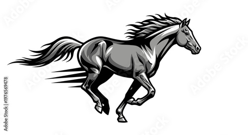 A powerful and dynamic monochrome graphic of a galloping horse with speed lines, conveying motion and strength.