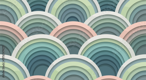 A pastel geometric pattern with semi-circles layered in a repetitive design